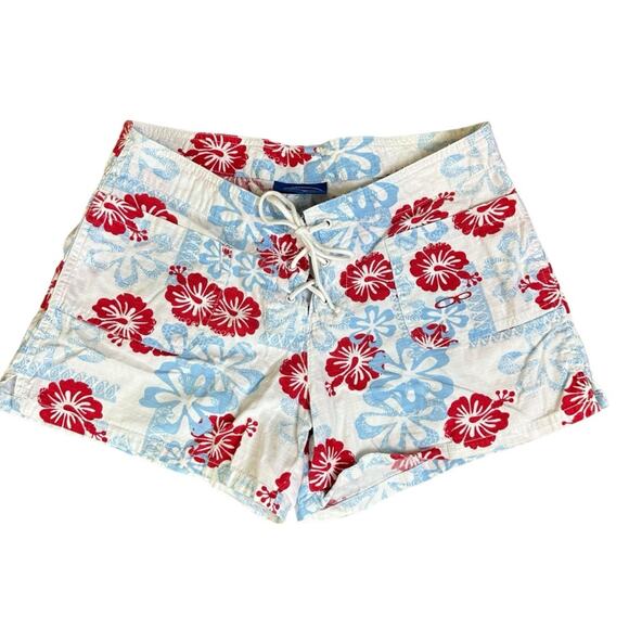 Op Hawaiian Board Shorts Floral Hibiscus Size 7/29 Red White Blue - Picture 1 of 5